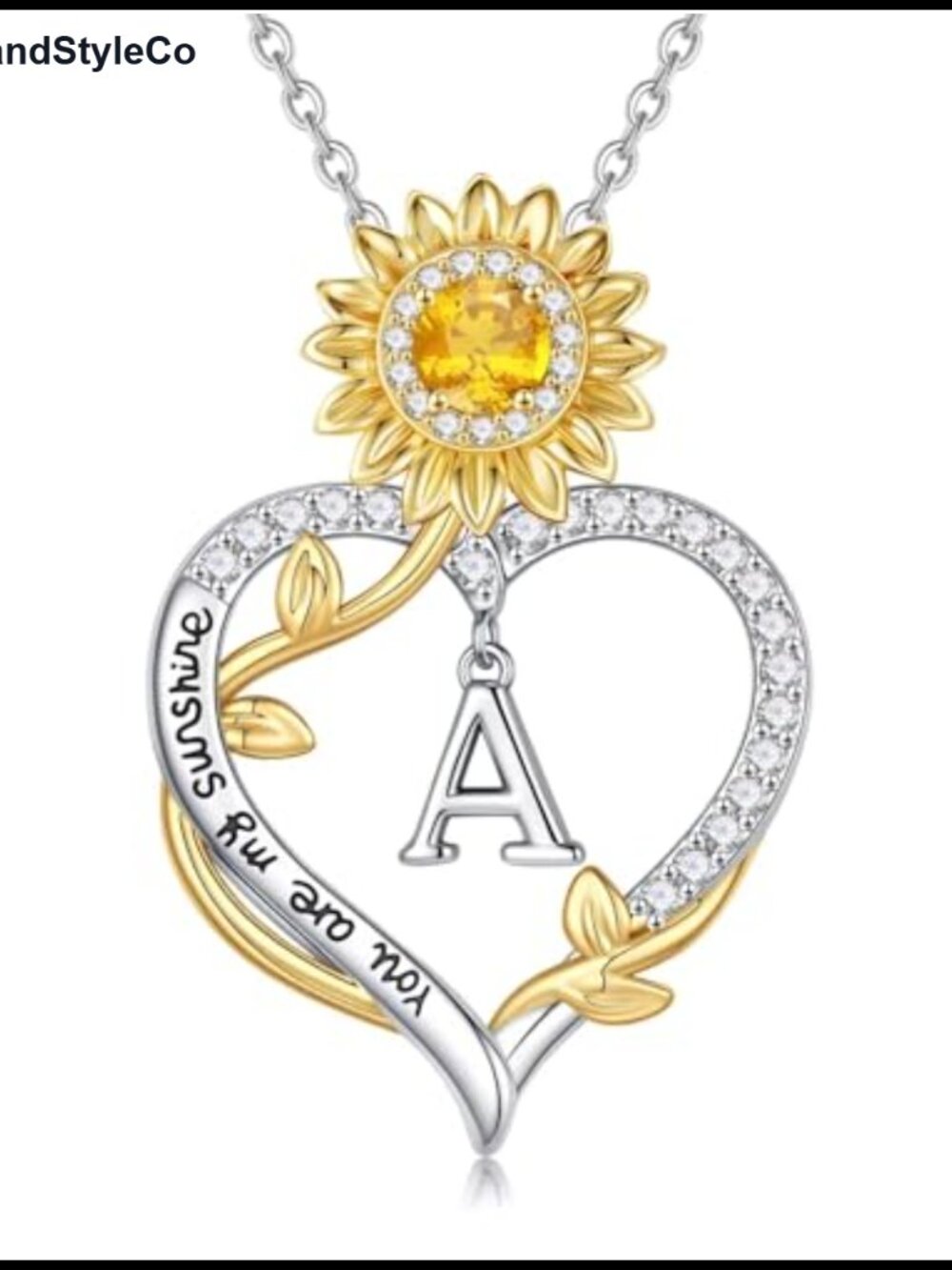 14k White Gold Plated Sunflower Initial Pendant Necklace for Women